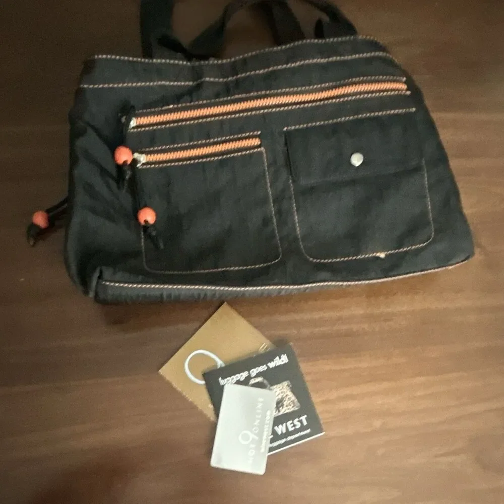 Nine West Black Satchel Top Handle Bag Orange Lining Zip Snap New with Tag